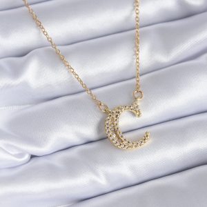 316L Çelik Gold Renk C Harf Model Zirkon Taşlı Kadın Kolye