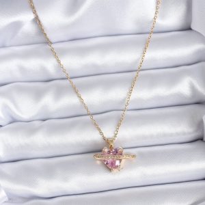 316L Çelik Gold Renk Zincir Pembe Kristal Kalp Model Zirkon Taş Detay Kadın Kolye - Görsel 2