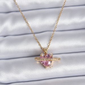 316L Çelik Gold Renk Zincir Pembe Kristal Kalp Model Zirkon Taş Detay Kadın Kolye - Görsel 1