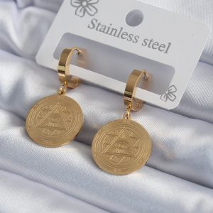 316L Çelik Gold Renk Pentagram İşleme Model Kadın Küpe - Görsel 1