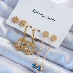 316L Çelik Gold Renk Zirkon Taşlı Yonca Model Kadın Küpe Seti - Görsel 1