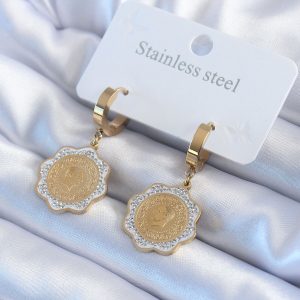 316L Çelik Gold Renk Çeyrek Model Zirkon Taş Detay Kadın Küpe - Görsel 1