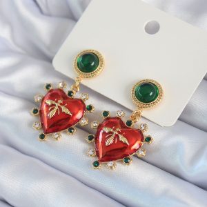 Gold Renk Kırmızı Kalp Model Zirkon Taş Detay Pirinç VİP Kadın Küpe - Görsel 1