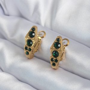 316L Çelik Gold Renk Yeşil Kristal Taş Detay Yılan Model Kadın Küpe - Görsel 1
