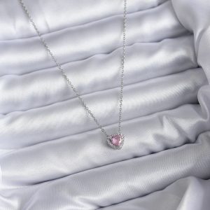 316L Çelik Zincirli Gümüş Renk Pembe Zirkon Taşlı Charm Kadın Kolye - Görsel 2