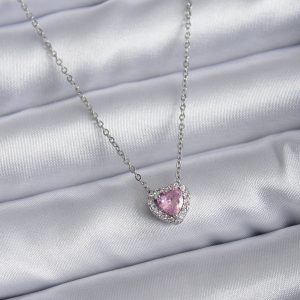 316L Çelik Zincirli Gümüş Renk Pembe Zirkon Taşlı Charm Kadın Kolye - Görsel 1