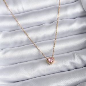 316L Çelik Zincir Gold Renk Pembe Zirkon Taşlı Charm Kadın Kolye - Görsel 2