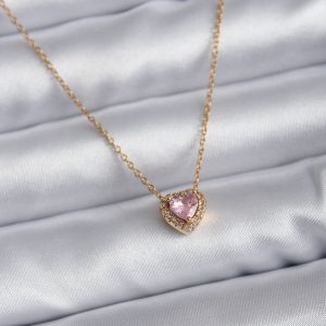316L Çelik Zincir Gold Renk Pembe Zirkon Taşlı Charm Kadın Kolye - Görsel 1