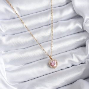 316L Çelik Zincir Gold Renk Pembe Zirkon Taş Kalp Model Charm Kadın Kolye - Görsel 2