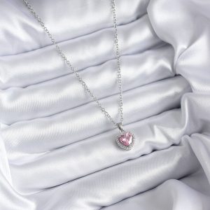 316L Çelik Zincir Gümüş Renk Pembe Zirkon Taş Charm Model Kadın Kolye - Görsel 2