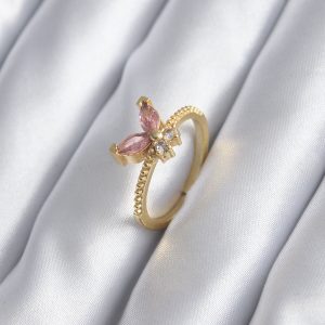 Gold Renk Pembe Zirkon Taşlı Kelebek Model Kadın Yüzük - Görsel 1