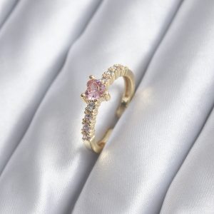 Gold Renk Zirkon Taşlı Pembe Kristal Kalp Model Kadın Yüzük - Görsel 1