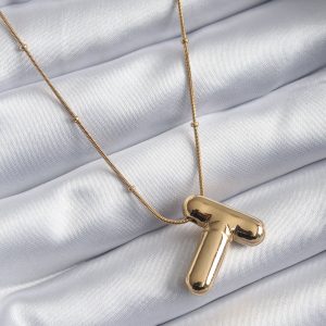 316L Çelik Gold Renk Bubble "T" Harf Model Kadın Kolye