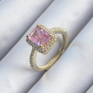 Pirinç Gold Renk Pembe Zirkon Taşlı Kadın Yüzük - Görsel 1
