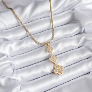 316L Çelik Gold Renk İtalyan Zincir Zirkon Taşlı Yonca Model Kadın Kolye - Görsel 2