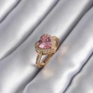 Pirinç Gold Renk Pembe Zirkon Taşlı Charm Kalp Model Kadın Yüzük - Görsel 1