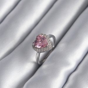 Pirinç Gümüş Renk Pembe Zirkon Taş Kalp Charm Model Kadın Yüzük - Görsel 1