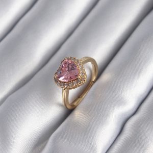 Pirinç Gold Renk Pembe Zirkon Taş Kalp Charm Model Kadın Yüzük - Görsel 1