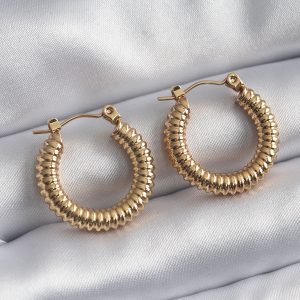 316L Çelik Gold Renk İşleme Detay Halka Model Kadın Küpe - Görsel 1