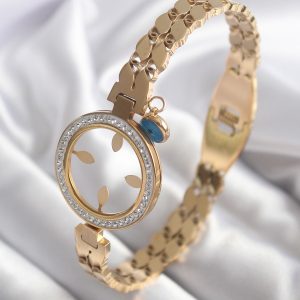 316L Çelik Gold Renk Arpa Model Zirkon Taş Detay Çeyrek Altın Takılabilir Kadın Kelepçe - Görsel 1