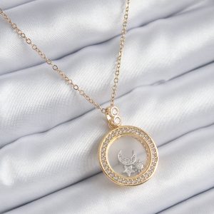 316L Çelik Gold Renk Zirkon Taş Detay Ay Yıldız Fanus Model Kadın Kolye - Görsel 1