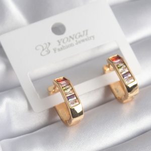 Pirinç Gold Renk Renkli Zirkon Taşlı Kadın Küpe - Görsel 1