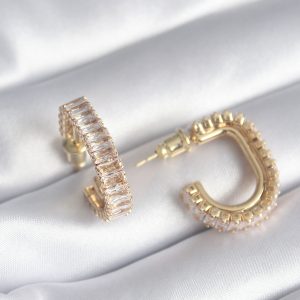 Pirinç Gold Renk Zirkon Taşlı Kadın Küpe - Görsel 1