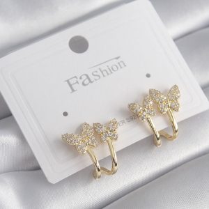 Pirinç Gold Renk Zirkon Taşlı Kelebek Model Kadın Küpe - Görsel 1
