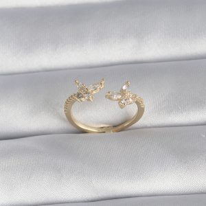 Pirinç Gold Renk Zirkon Taşlı Kelebek Model Kadın Yüzük - Görsel 1