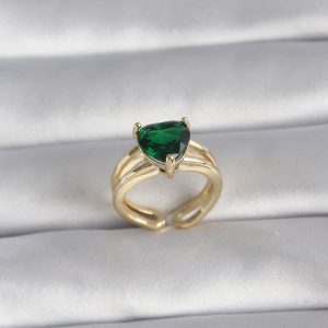 Pirinç Gold Renk Yeşil Zirkon Taşlı Tek Taş Model Kadın Yüzük - Görsel 1