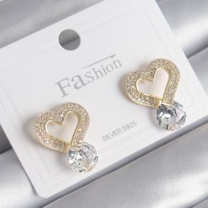 Pirinç Gold Renk Zirkon Taşlı Kalp Model Damla Zirkon Taş Detay Kadın Küpe - Görsel 1