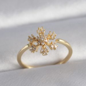 Pirinç Gold Renk Zirkon Taşlı Kar Tanesi Model Kadın Yüzük - Görsel 1