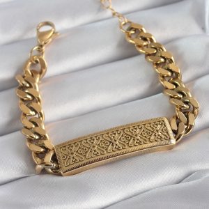 316L Çelik Gold Renk Zincir Model Motif İşleme Kadın Bileklik - Görsel 1