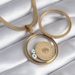 316L Çelik Gold Renk İtalyan Zincir Çeyrek Figür Açılabilir Fanus Model Kadın Kolye - Görsel 1