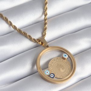 316L Çelik Gold Renk Burgu Zincir Çeyrek Figür Açılabilir Fanus Model Kadın Kolye - Görsel 2