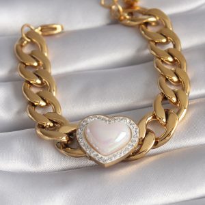 316L Çelik Gold Renk Pembe 3D Kalp Model Zirkon Taşlı Kadın Bileklik - Görsel 1