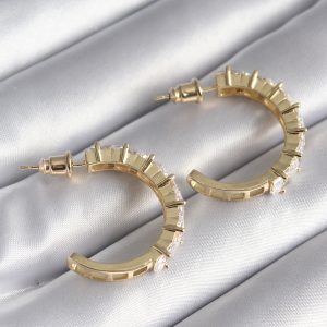 Pirinç Gold Renk Zirkon Taşlı Halka Model Kadın Küpe - Görsel 2