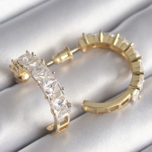 Pirinç Gold Renk Zirkon Taşlı Halka Model Kadın Küpe - Görsel 1