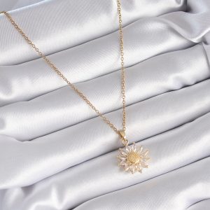 316L Çelik Gold Renk Zirkon Taşlı Papatya Model Kadın Kolye - Görsel 2