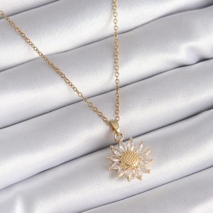 316L Çelik Gold Renk Zirkon Taşlı Papatya Model Kadın Kolye - Görsel 1