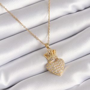 316L Çelik Gold Renk Zirkon Taşlı Taçlı Kalp Model Kadın Kolye - Görsel 1