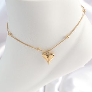 316L Çelik Gold Renk Minimal Topçuk Detay Kalp Figür Kadın HalHal - Görsel 1