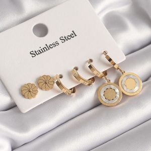 316L Çelik Gold Renk Sedefli Lotus Model Kadın Küpe Seti - Görsel 1