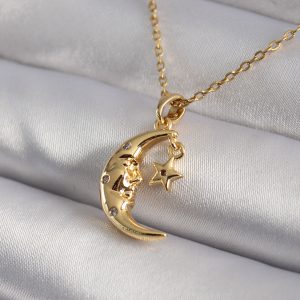 316L Çelik Gold Renk Zirkon Taşlı Ay Yıldız Model Kadın Kolye - Görsel 1