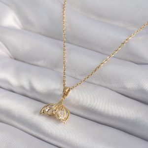 316L Çelik Gold Renk Zirkon Taşlı Balık Kuyruğu Model Kadın Kolye - Görsel 2