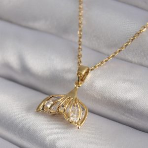 316L Çelik Gold Renk Zirkon Taşlı Balık Kuyruğu Model Kadın Kolye - Görsel 1