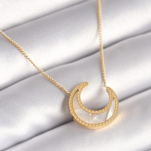 316L Çelik Gold Renk Beyaz Sedefli Hilal Model Kadın Kolye - Görsel 1