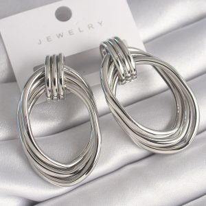Pirinç Gümüş Renk Oval Model Kadın Küpe - Görsel 1