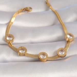 316L Çelik Gold Renk Zirkon Taşlı İtalyan Zincir Model Kadın Bileklik - Görsel 1