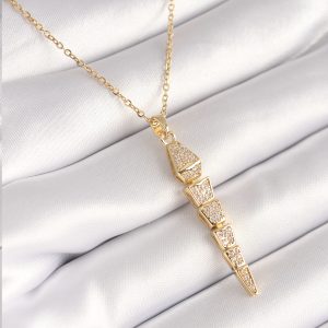 316L Çelik Gold Renk Zirkon Taşlı Sallantı Yılan Model Kadın Kolye - Görsel 1